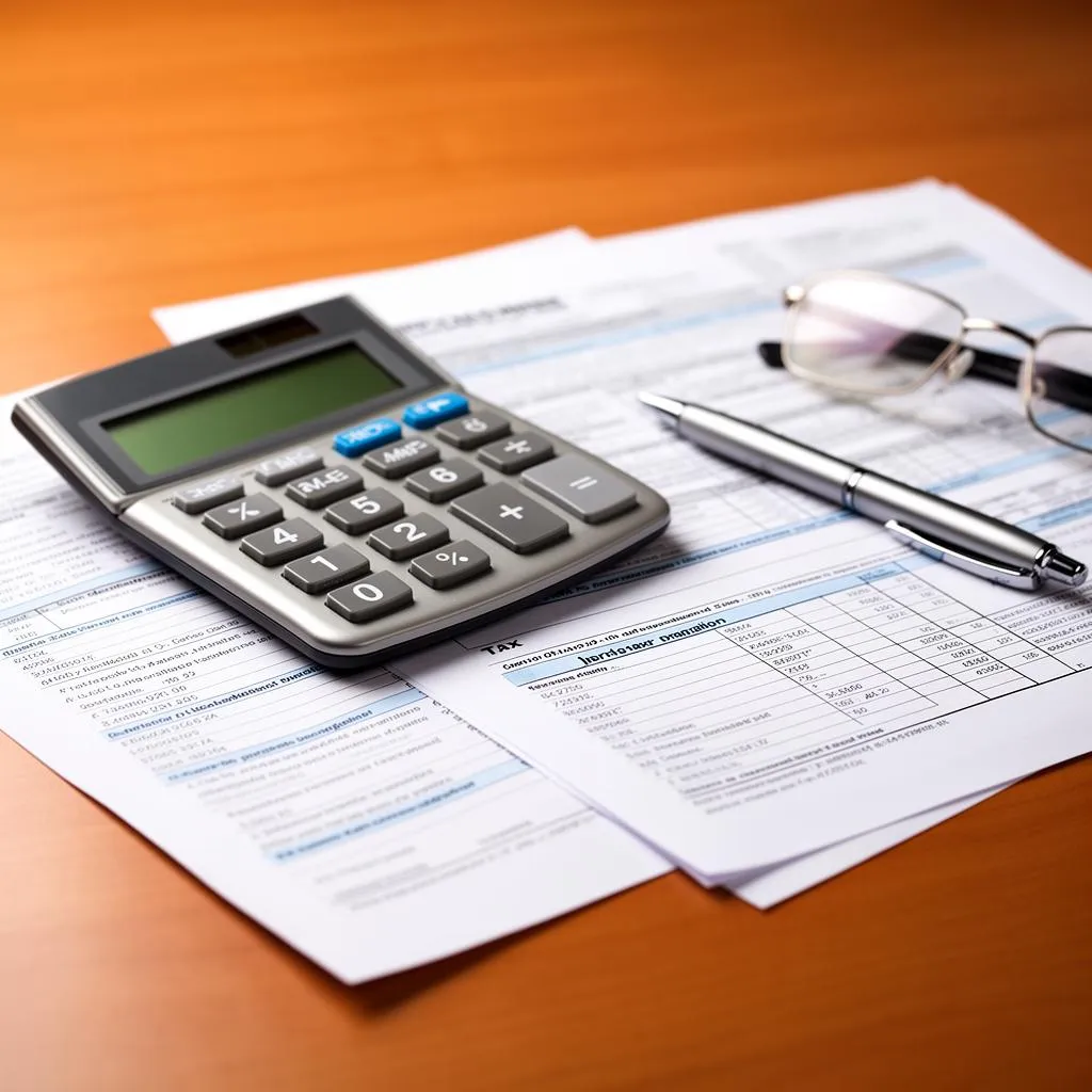 Calculator and tax documents on a desk